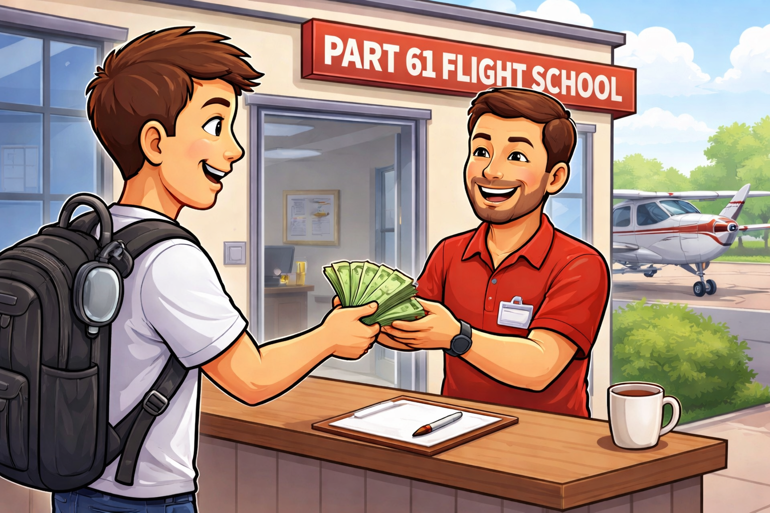 a student pilot handing over a wad of money to a small flight school